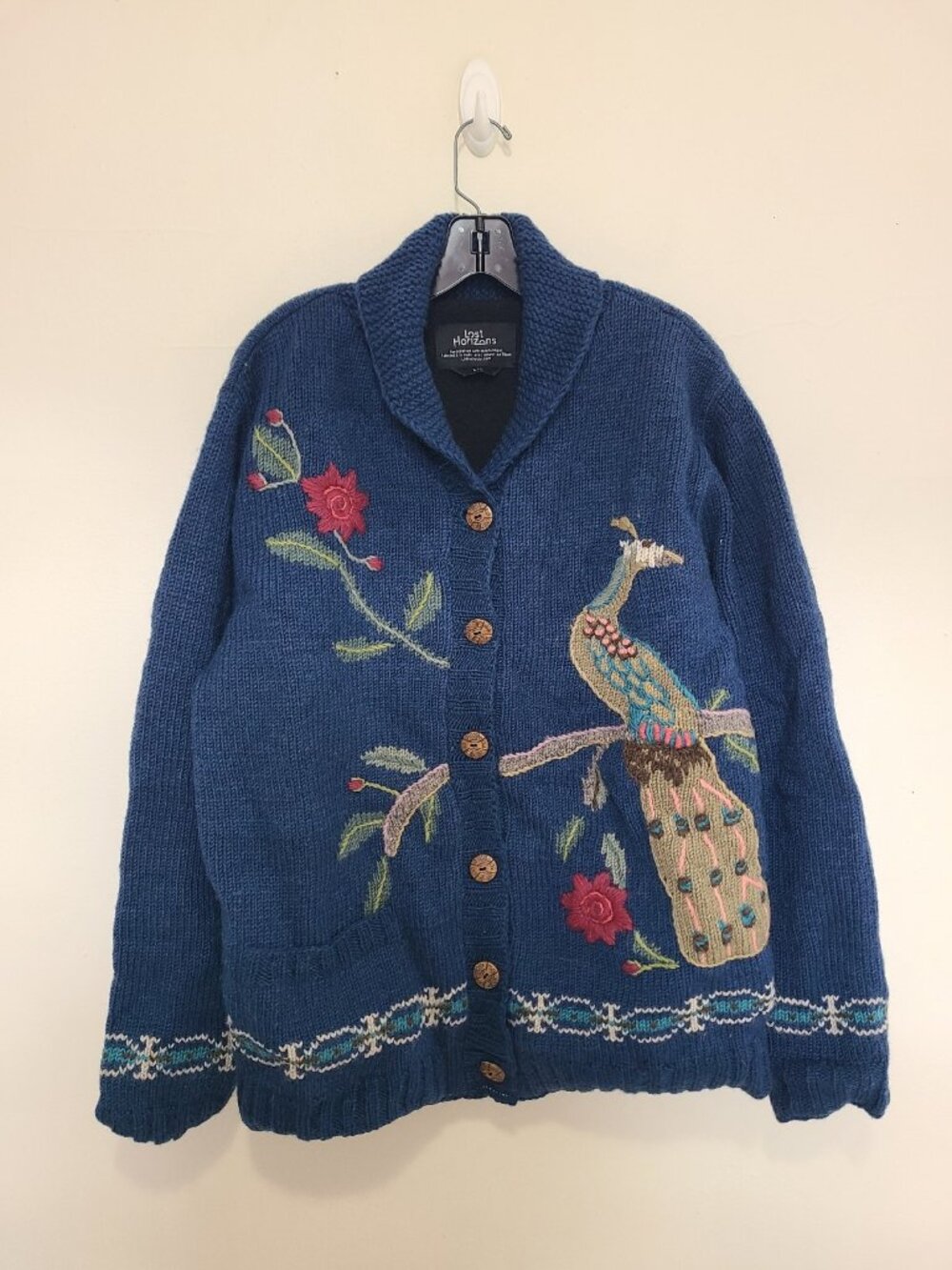 Lost Horizons Wool Peacock Handcrafted Sweater Jacket Womens L Fleece Lined